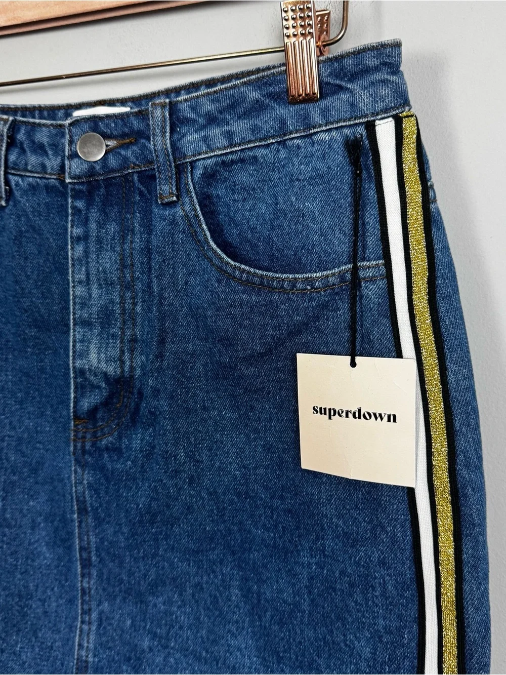 SUPERDOWN | NEW Revolve Denim A-Line Mini Skirt with Side Stripes Women’s Size L